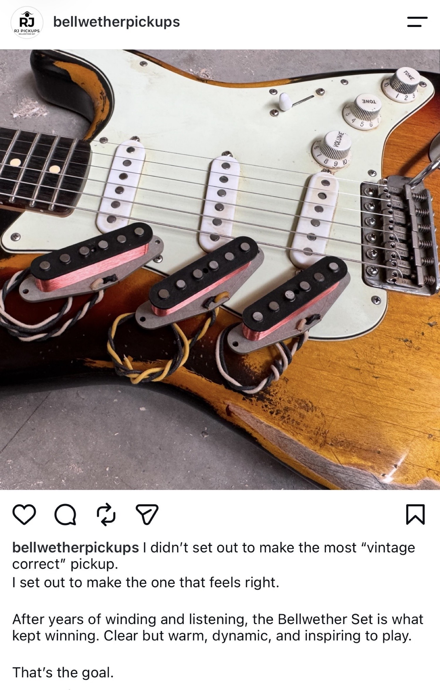 The Bellwether Set of three Stratocaster pickups on a workbench